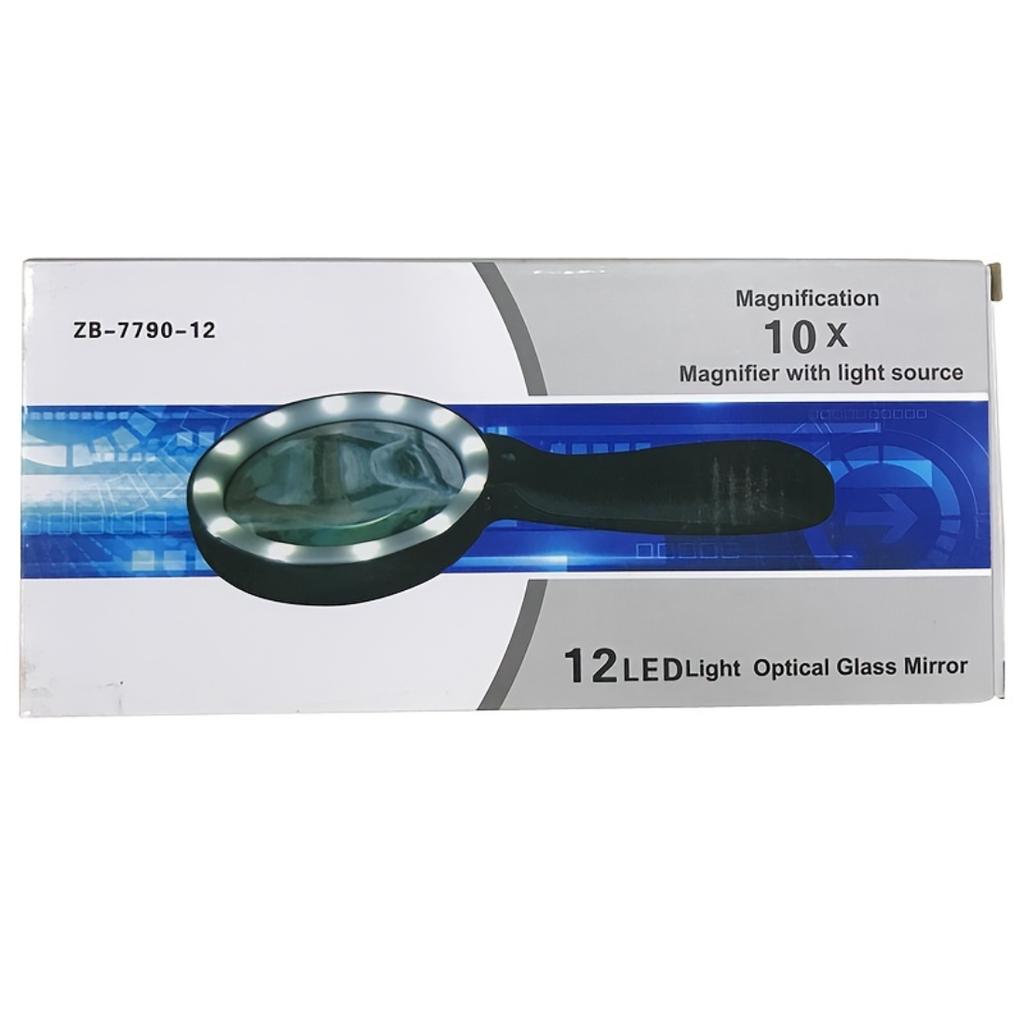 10násobná ruční lupa s 12 LED světly, 90mm HD čočka, přenosná lupa pro čtení knih a novin