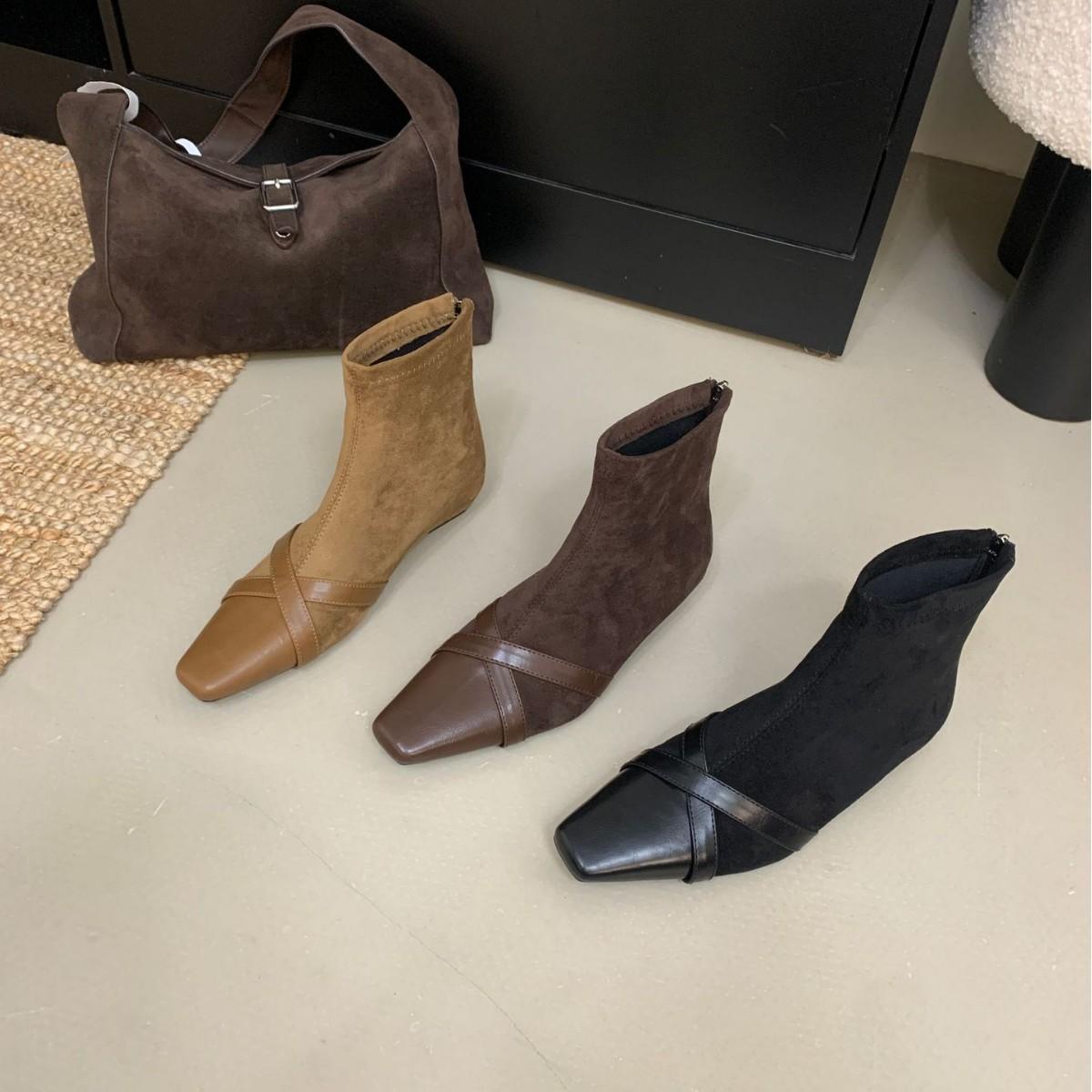 

2025 new square head low tube thin versatile rear zipper Martin fashion suede belt buckle women s short boots 39 кофейный