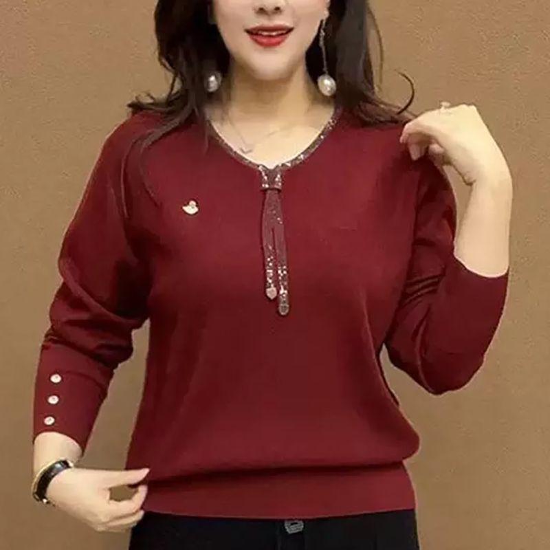 Spring and Autumn Women's V-Neck Knit Sweater Loose Rhinestone Knit Pullover Plus-Size Sweater
