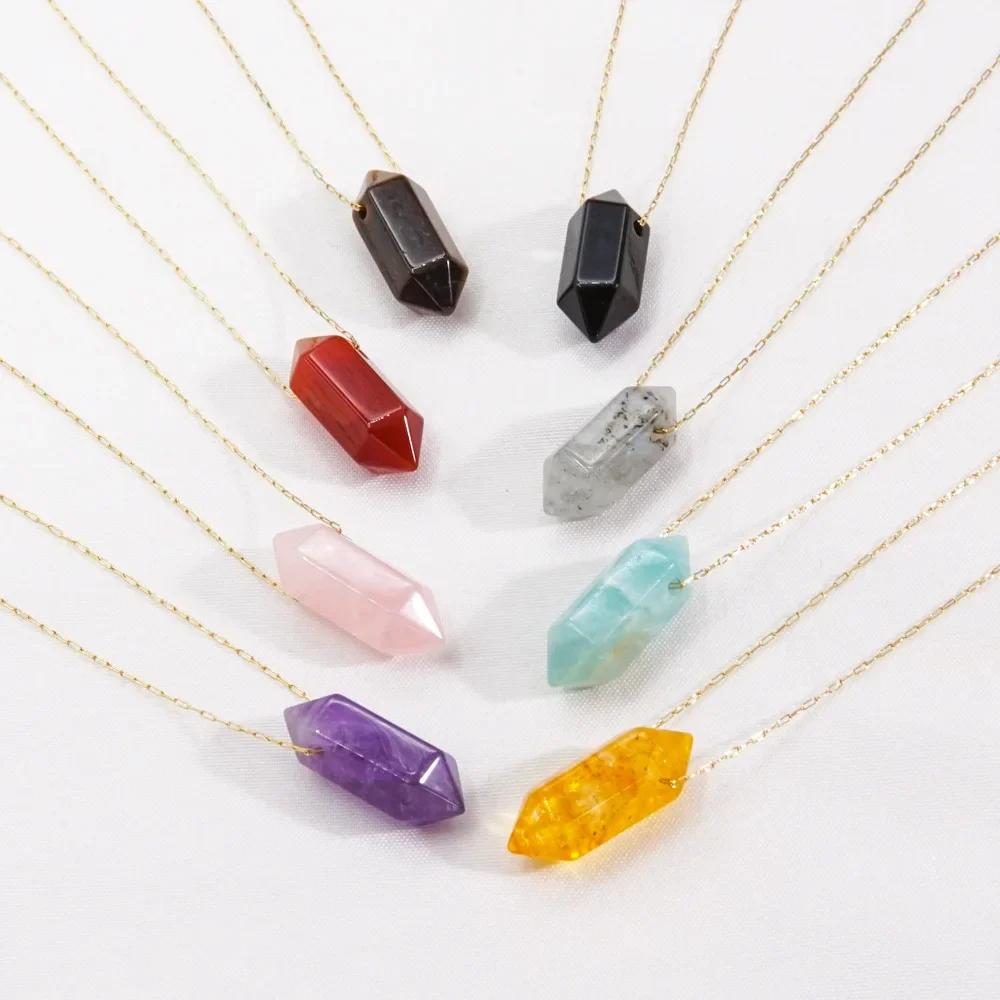 Natural Stone Hexagon Column Charm Necklace for Women Men Adjustable Chain Necklace Rose Quartzs Amethysts Necklace Jewelry Gift