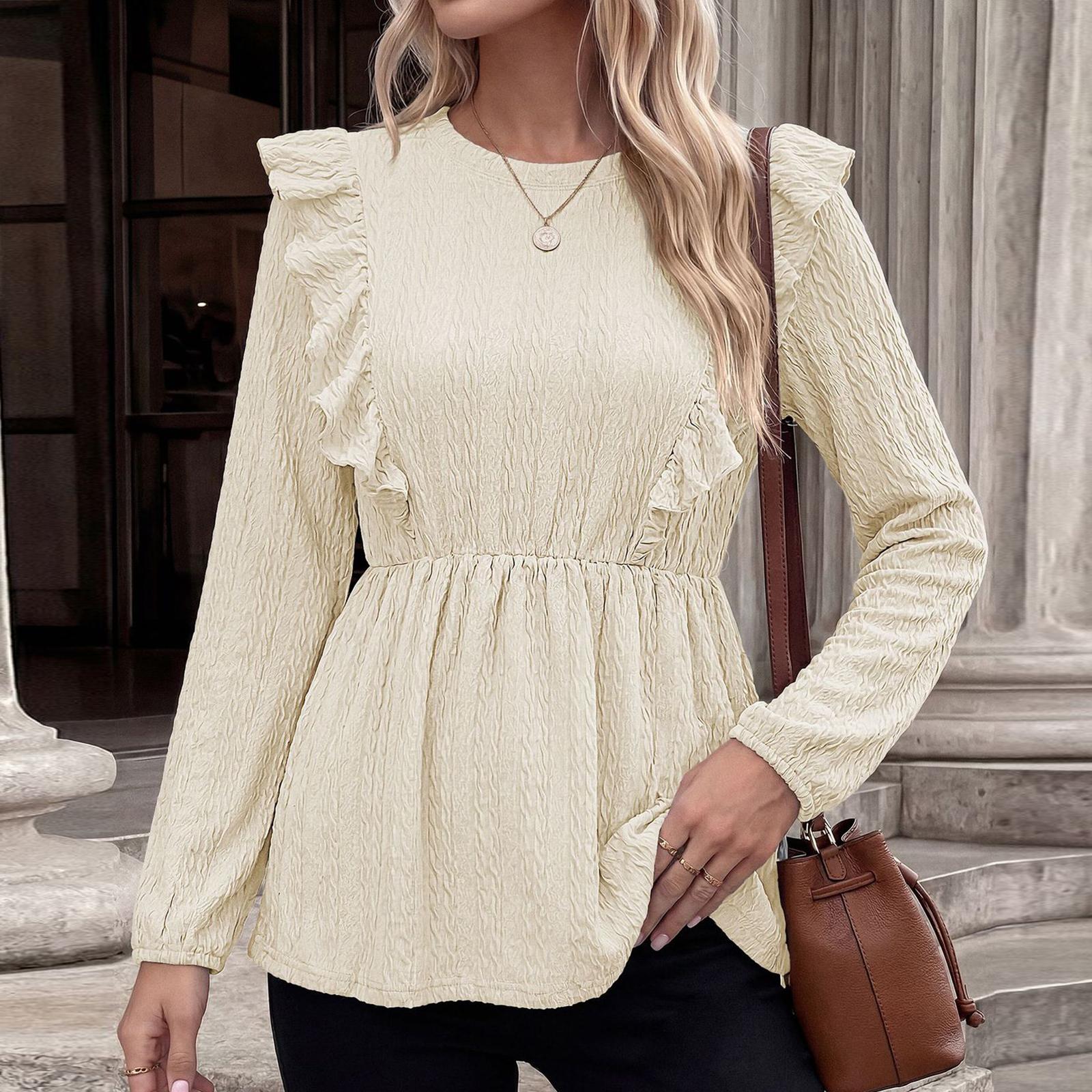 Women s Color Round Neck Lace Trim Long Sleeve T Shirt Loose Fit XXL