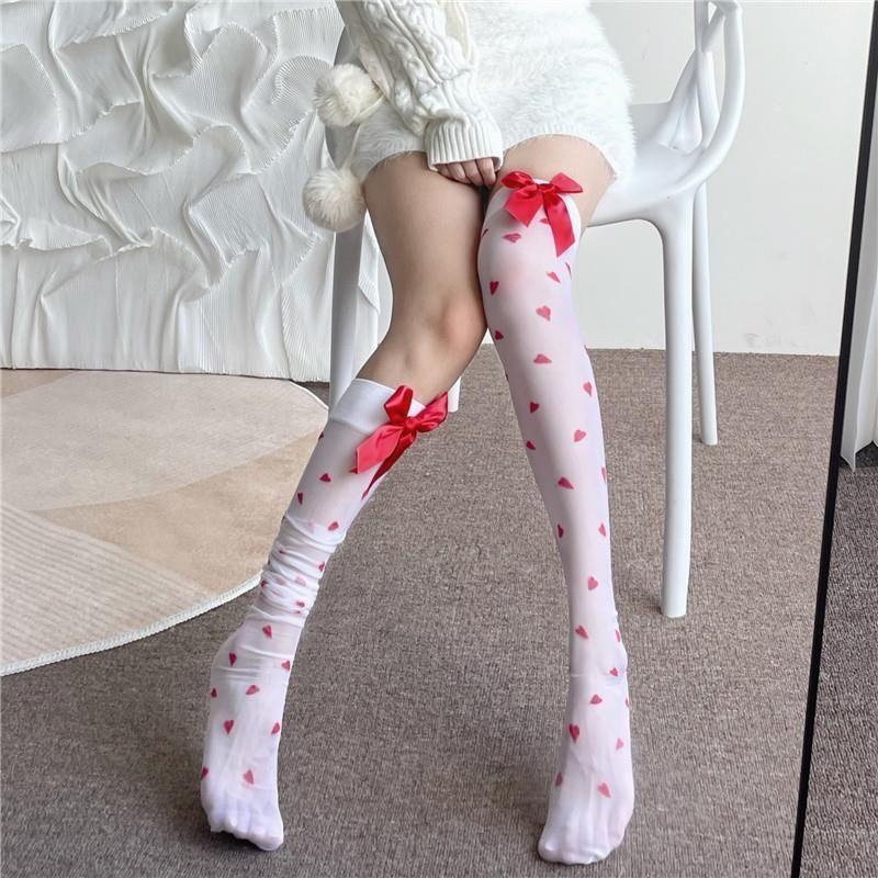 Mu Ruan Christmas Sweetheart Love Pattern Red Bow Knee-High Stockings