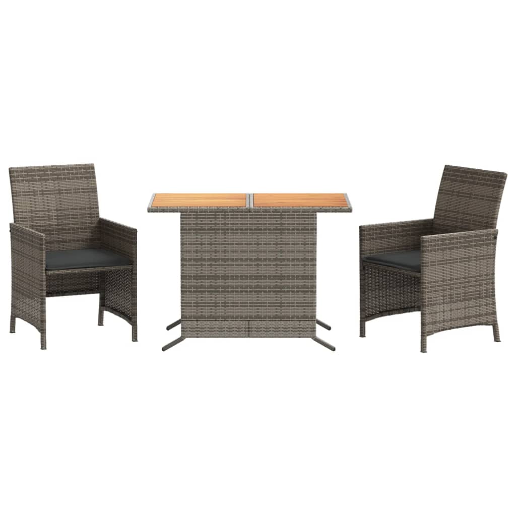 3 Piece Bistro Set with Cushions Grey Poly Rattan