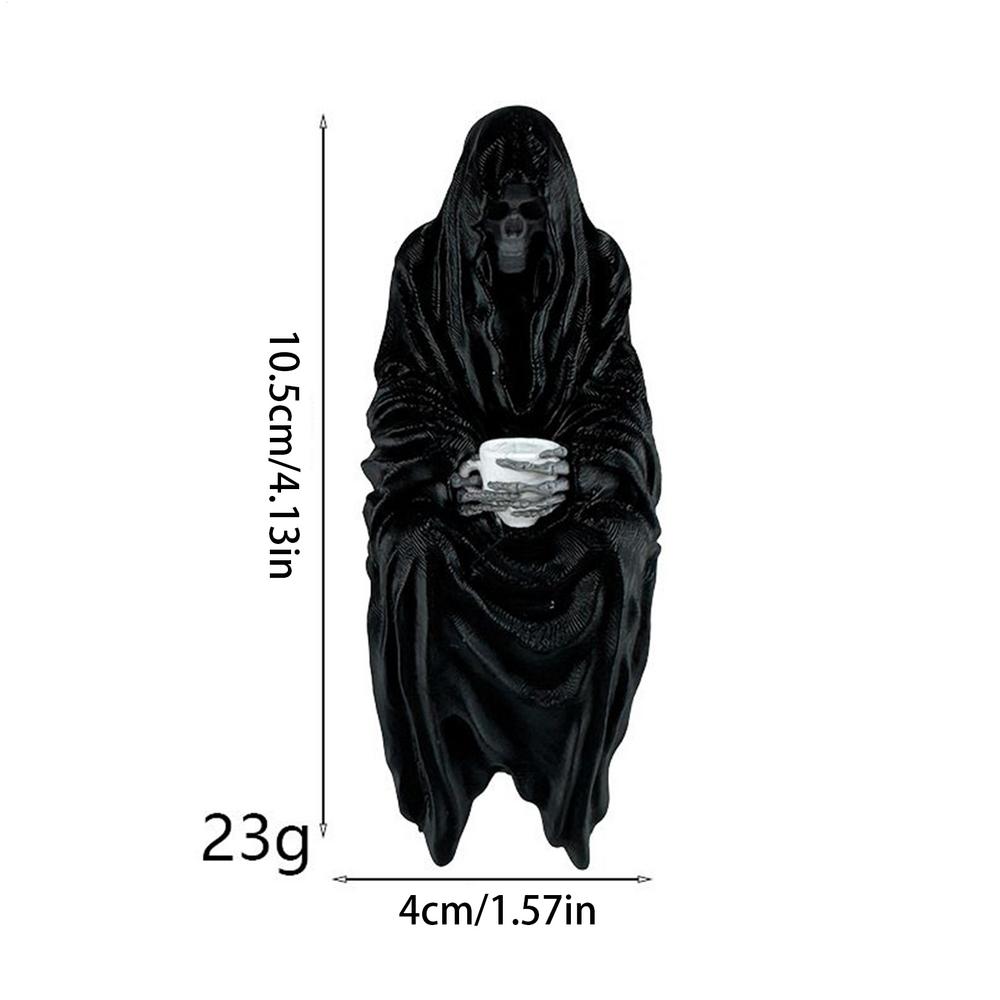 Sitting Ghost Figurine Holding Tea Cup Gothic Skeleton Halloween Decor with Coffee Cup Seasonal Decor for Room Bedroom Dormitory
