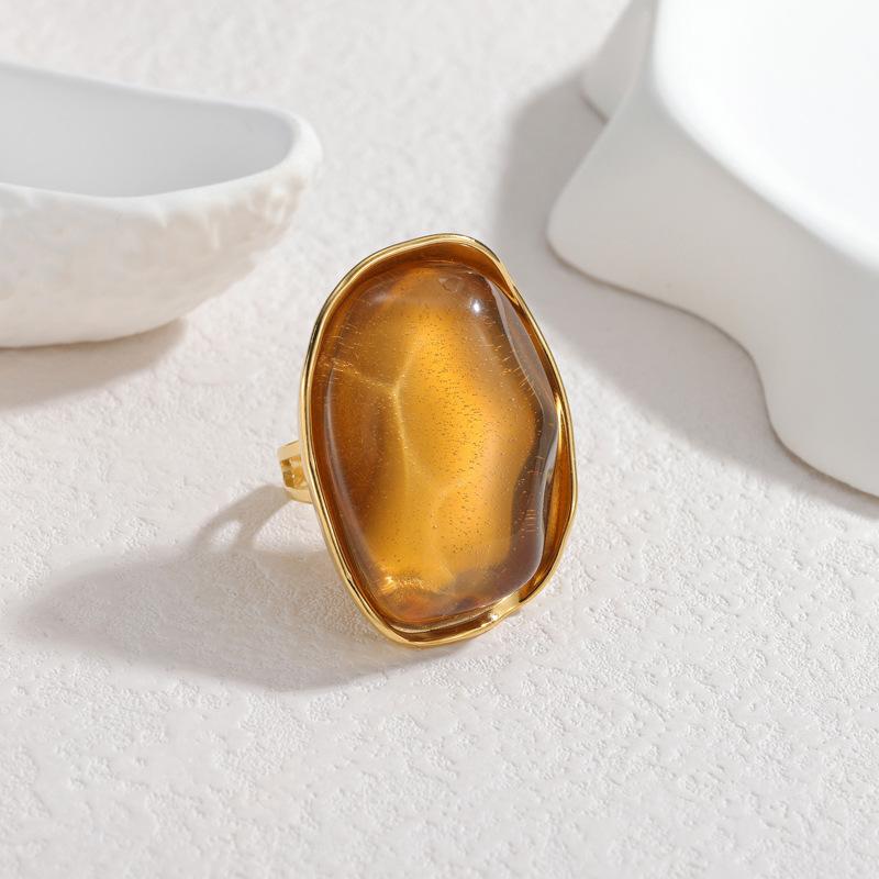 DIEYURO 316L Stainless Steel Irregular Brown Resin Oval Maillard Opening Ring Women Fashion New Concise Waterproof Ring Jewelry