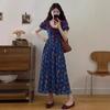 Women Dress A Line Pastoral Style Blue Square Collar Floral Puff Sleeve Dress 2026 Summer New French Temperament Waist Long Dress