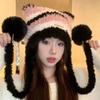 Plush Fluffy Cat Ear Knitted Hat Women Winter Thicken Keep Warm Cute Hair Ball Stripe Ear Protection Beanies Hats Pullover Cap