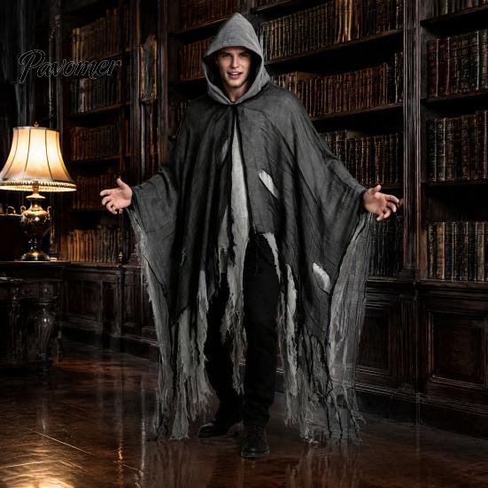 Vampiric Character Outfit Halloween Hooded Cloak, Medieval Gothic Wizard Vampires Cape with Black Mysterious Costume Accessory Mesh, Full Length