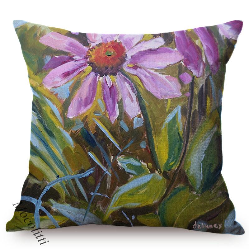 Multicolor Flowers Oil Painting Style Cotton Linen Pillow Case Rose Sunflower Violet Vase Sofa Decoration Cushion Cover Cojines