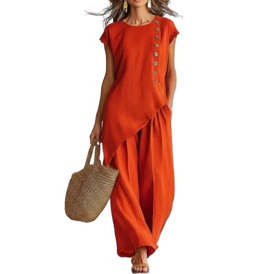 Women's Summer Casual 2 Piece Sets, Buttons Short Sleeve Top And Wide Leg Pants Matching Sets, Asymmetrical Hem Vacation Lounge Outfits