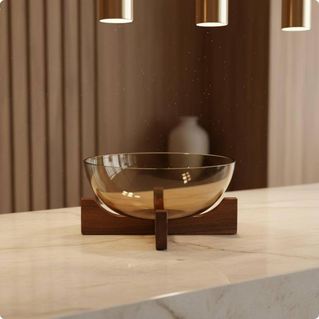 Glass Fruit Bowl with Wood Stand Elegant Design Tea-Tinted