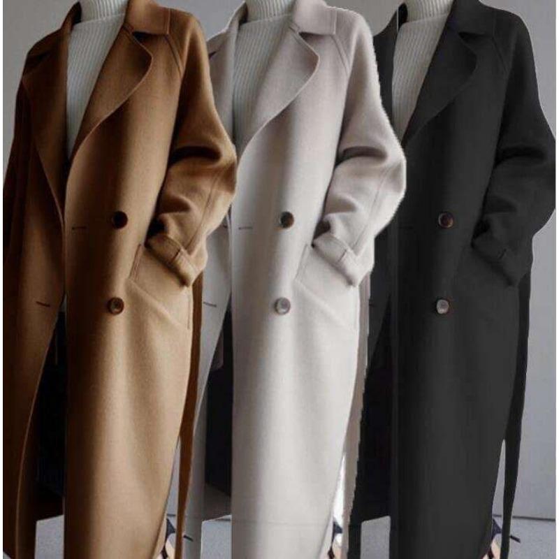 Women Loose Belted Long Woolen Overcoat Casual Commuter Winter Outerwear