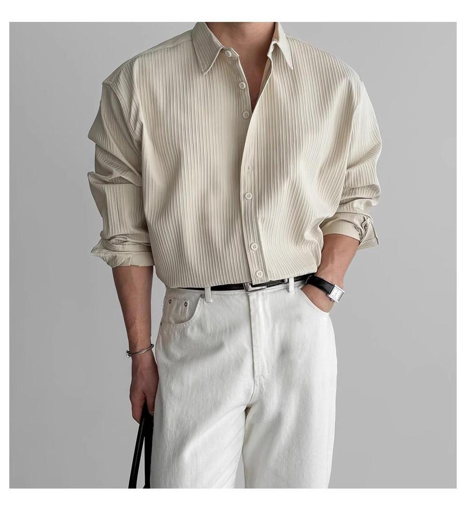 Men's Black Vertical Stripe Long Sleeve Shirt - High-End Casual Business Style, Iron-Free, Button-Down.