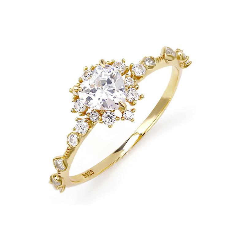 925 Sterling Silver 14K Gold Plated Gem Stone Romantic Heart Shape Moissanite Engagement Proposal Ring