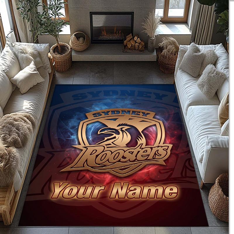 Sydney Roosters Crystal Velvet Rug, Custom Name Text Personalized Non‑Slip Floor Mat for Home Decor Gift