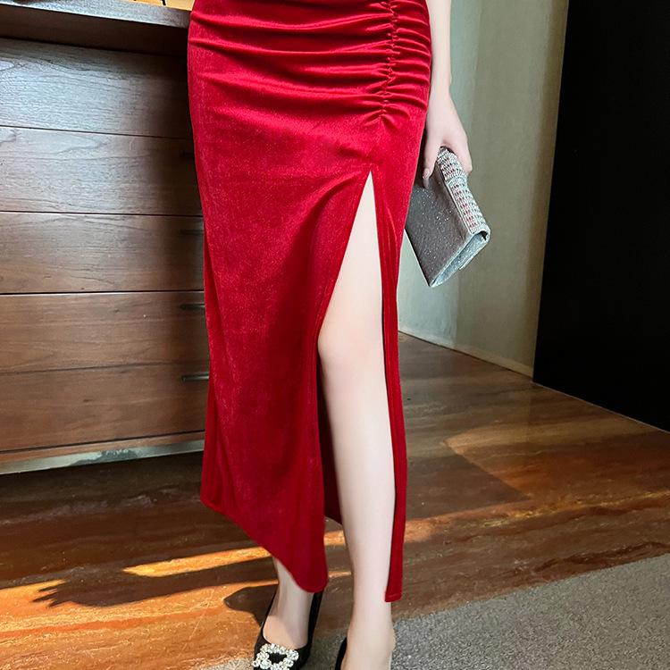 Socialite Style Sexy Low-Cut Spaghetti Strap Maxi Dress with Slimming High Waist and Slit