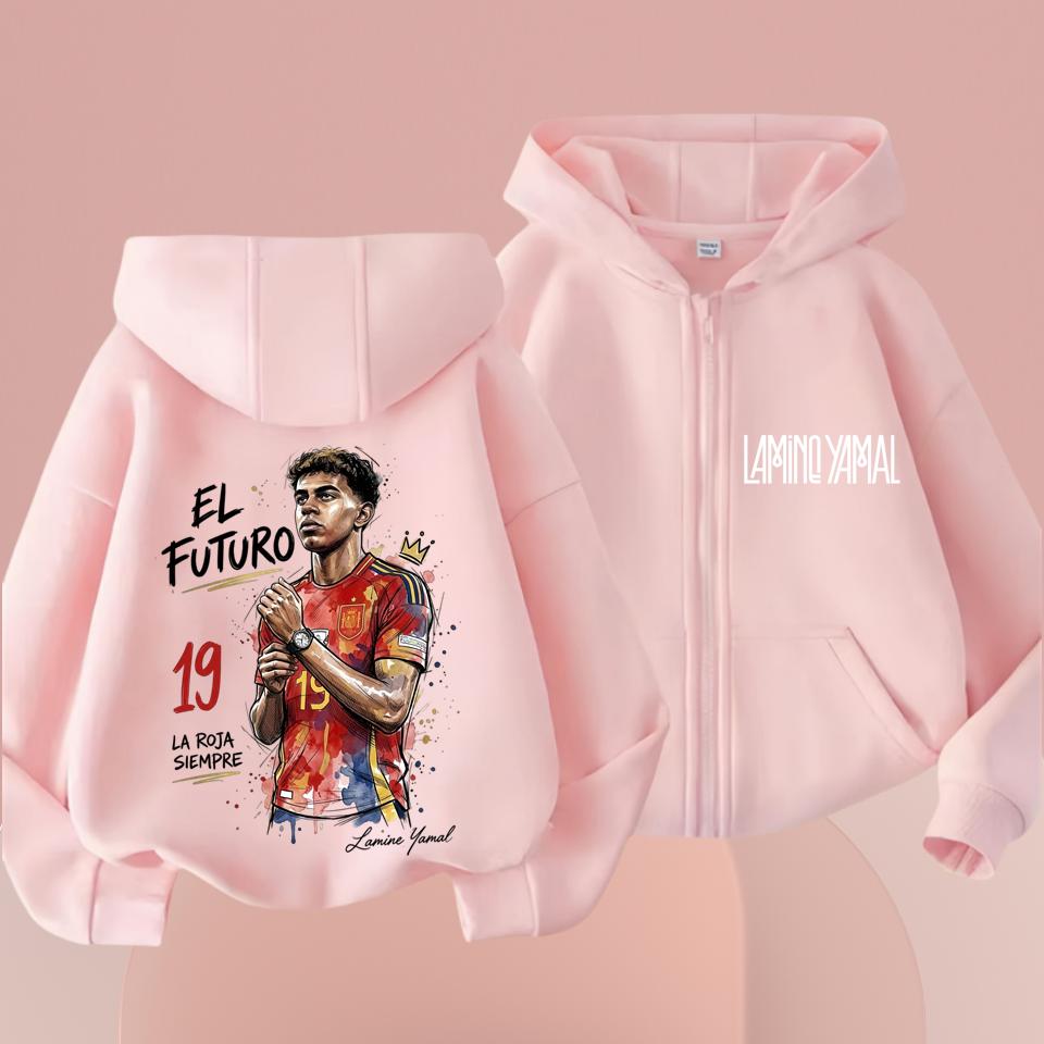 Kids Lamine Yamal Zip Up Hoodie, Boys Football Star Portrait Graphic Front Back Print Hooded Jacket, Casual Sports Sweatshirt