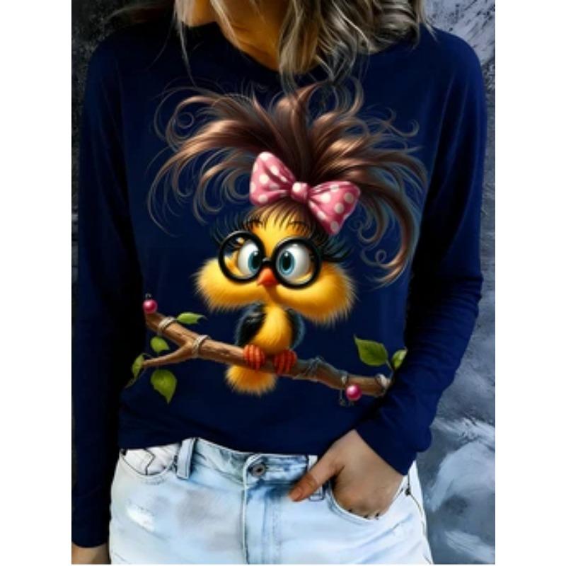 Fun bird print short-sleeved T-shirt for women, loose round neck design, casual age-reducing women's summer wear