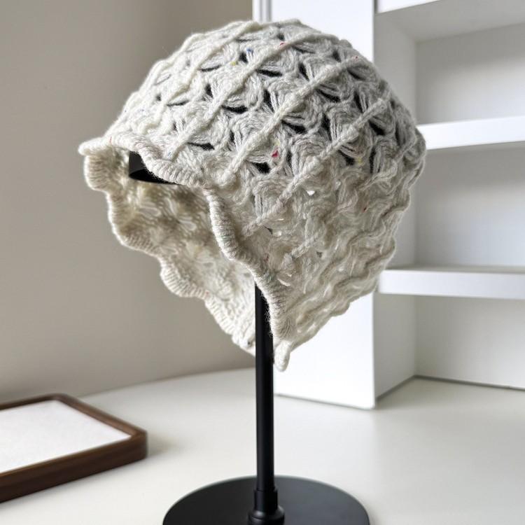 Wool Knitted Baotou Hat Autumn and Winter Warm Cold Hat Fashion Hollow Handmade Crocheted Pullover Hat Fashionable Women's Cold Hat