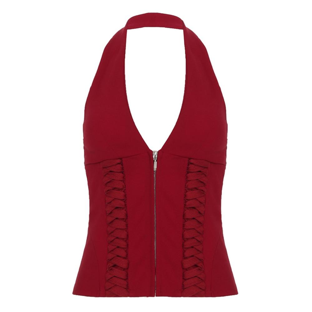 Deep V Neck Sleeveless Crop Top Tie Up Waist Strap Women Camisole Halter Vest Top Female