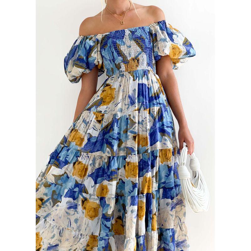 

Модное ретро платье с квадратным вырезом, эластичной высокой талией, рукавами-фонариками, открытыми плечами, крупным цветком, двусторонними короткими рукавами, средней длины Blue S