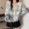 2024 Autumn/Winter Age-Defying Doll Collar Patchwork Stripe Plush Knit Sweater in Lazy Style