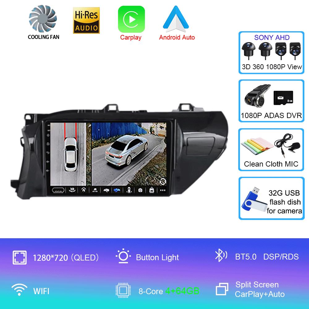 For Toyota Hilux 2016 2017 2018 Car Radio Android 14 Carplay Auto 2K Screen Multimedia Player 2din Autoradio Stereo Head Unit