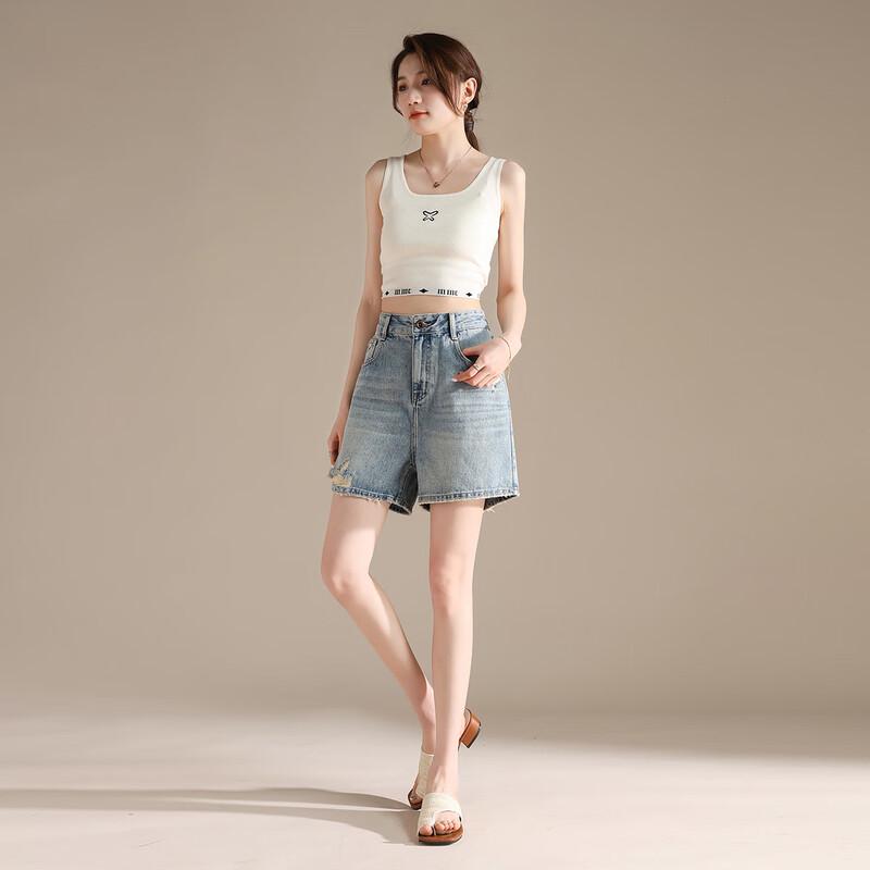 RAIN.CUN Petite Distressed High-Waist Relaxed Fit Denim Shorts