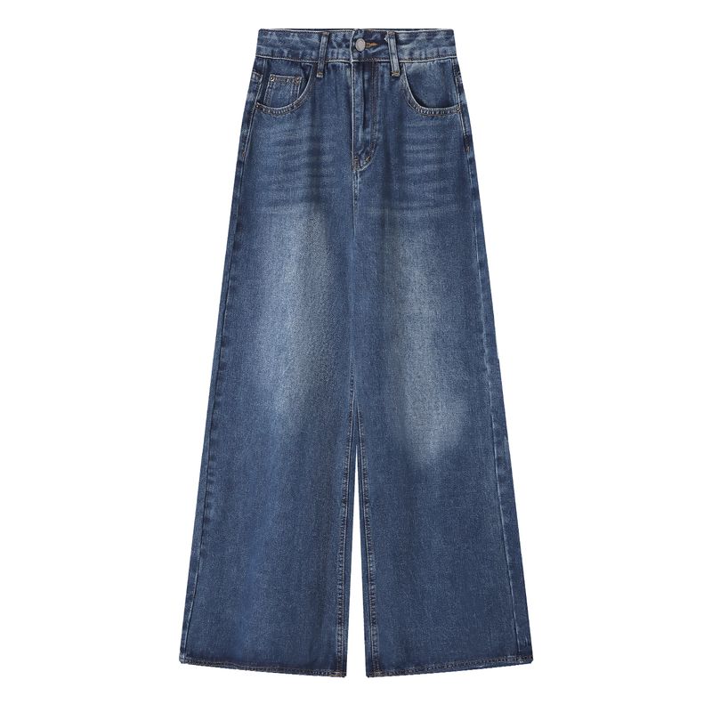 

Американский Ретро Поношенный Выцветший Синий Деним Женские Осенние Брюки с Высокой Посадкой Прямого Покроя Свободные Вертикальные Брюки-Швабры Брюки Blue XL