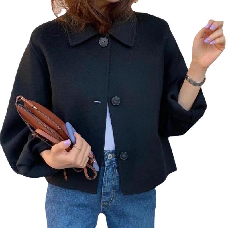 Korean Chic Wool Blend Puff Sleeve Cardigan: Retro Turn-Down Collar Short Jacket for Women (Autumn/Winter Collection)