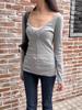 Heart-Shaped V-Neck Lace-Up Long-Sleeve T-Shirt