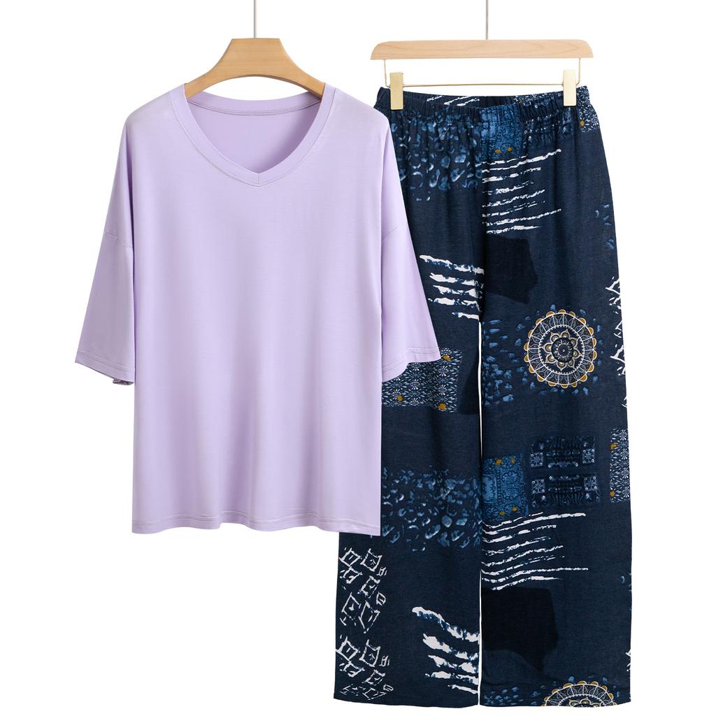 Pajamas Women's Spring and Summer New V-neck Short-sleeved Cotton and Linen Pants European and American Large-size Loungewear Two-piece Set