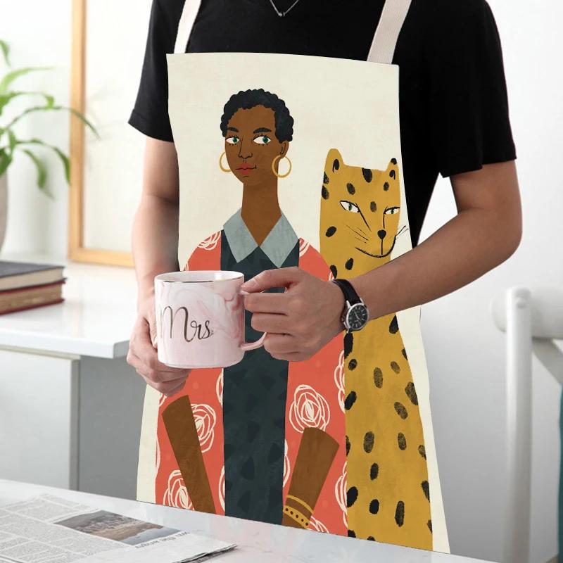 Cartoon Modern Girl Plants Printed Kitchen Apron Men Women Abstract Characters Cooking Aprons Waist Bib Cleaning Pinafores