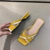 Fashion Bow Low Heel Cool Drag Women's Summer New Square Head Open Toe Outward Wear Lace Versatile Temperament Slip-on Flip-flops