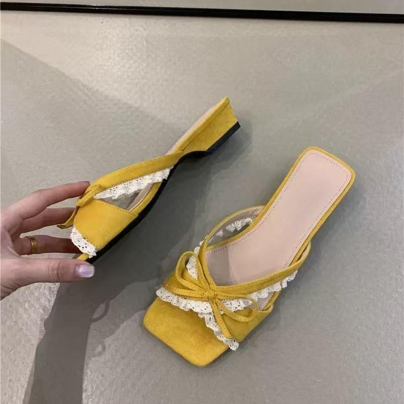 Fashion Bow Low Heel Cool Drag Women's Summer New Square Head Open Toe Outward Wear Lace Versatile Temperament Slip-on Flip-flops