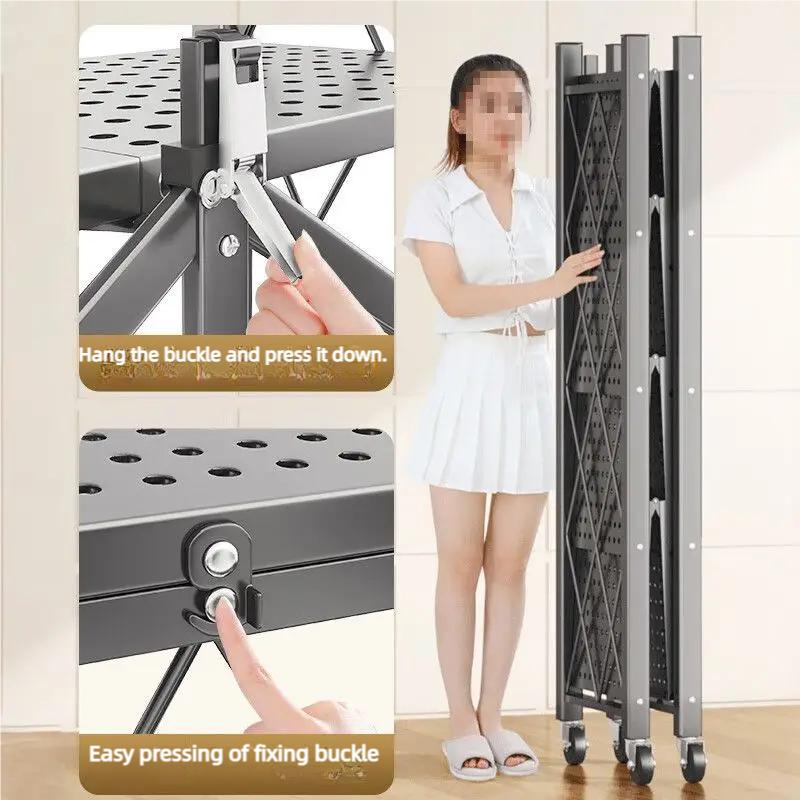 One-Second Foldable Storage Racks Folding Kitchen Organizer Shelf Standing Multi-Layer Storage Rack Movable Organizing Shelves