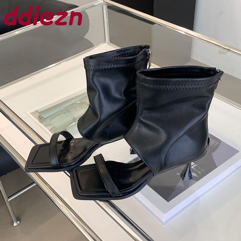 Fashion Open Toe Footwear Thin Heels Modern Women Ankle Booties Shoes Fashion Zippers Female Heeled Sandals Boots Shoes For Ladies Black