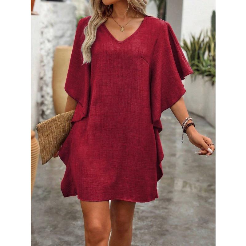 Summer Women's Ruffle Sleeve V-Neck Mini Dress Casual Loose Solid Chiffon Dress for Daily