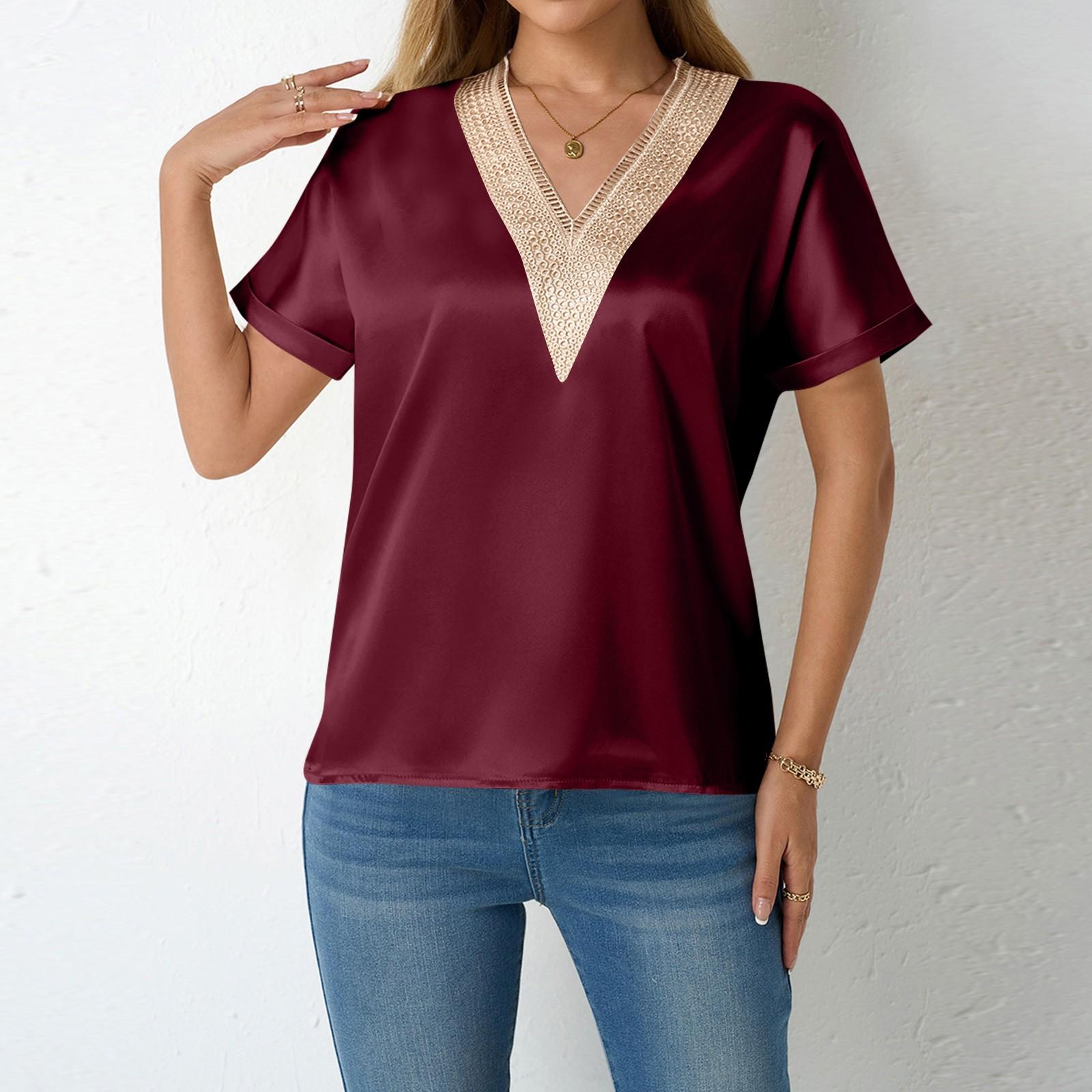 

Жіноча сорочка з короткими рукавами, вільний атласний топ з тисненням, мереживним V-подібним вирізом, шовковою підкладкою XL