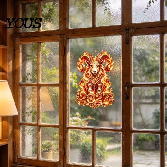 Easy Install Window Stickers 2027 Russian New Year Flame Goat Static Glass Sticker, PVC Zodiac Sheep Cling for Home and Decorative Decals Store