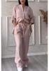 2024 Women's Solid Color Single-Breasted Shirt & Wide-Leg Tie Pants Set, Cotton-Linen Fabric