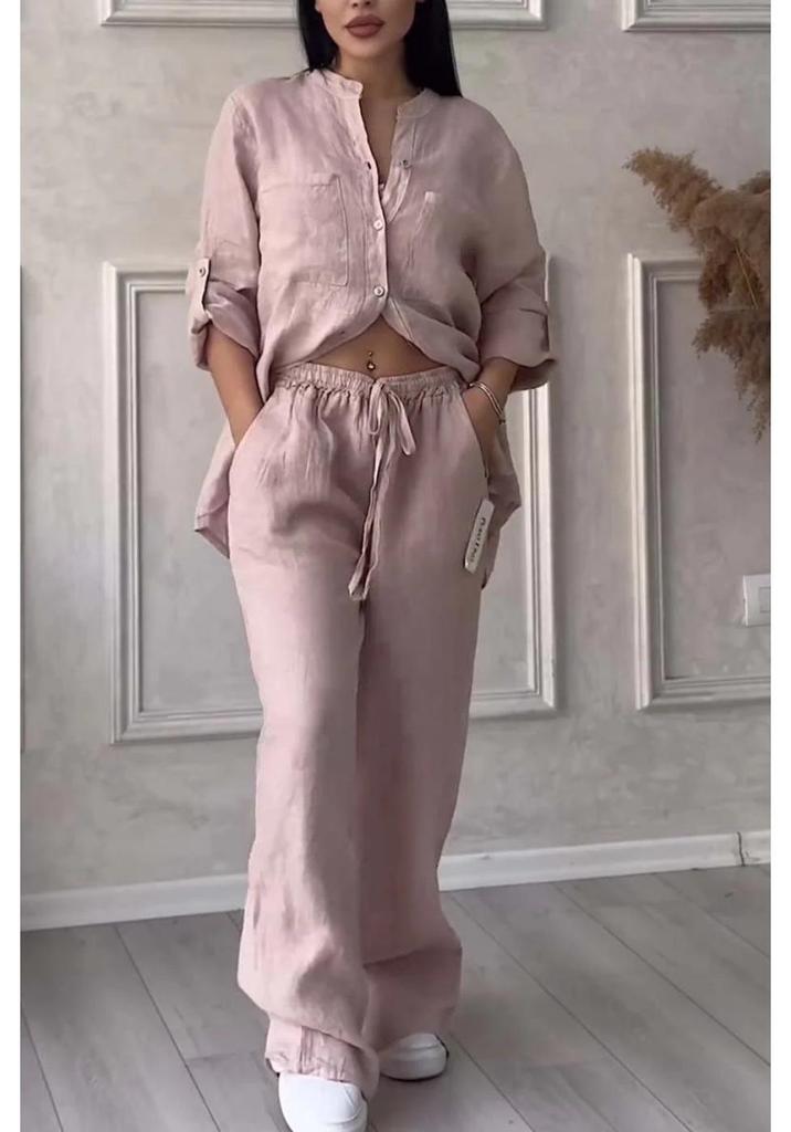 2024 Women's Solid Color Single-Breasted Shirt & Wide-Leg Tie Pants Set, Cotton-Linen Fabric