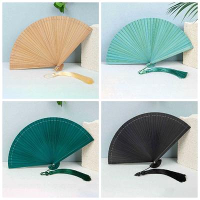 Chinese Style Solid Color Bamboo Fan Portable Retro Elegant Handheld Fans with Random Tassel Classical Tassel Folding Fan