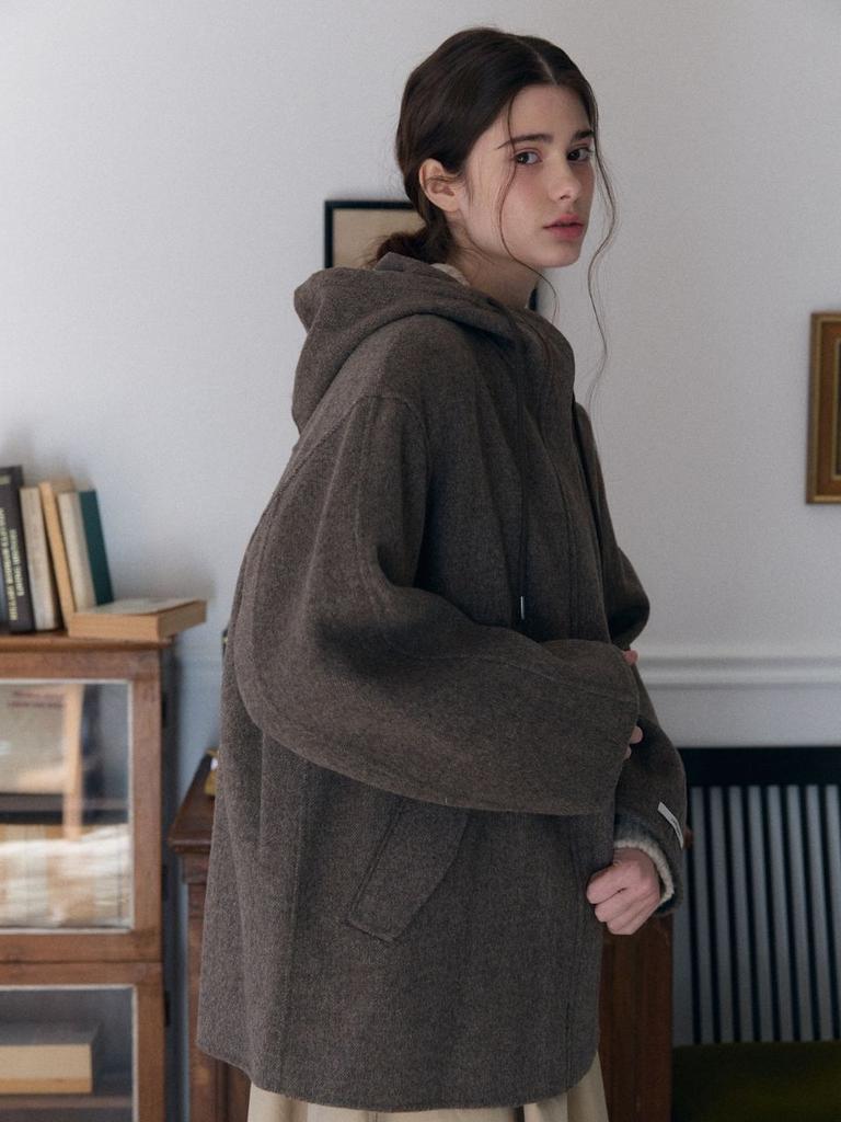 Fabricseoul Hood Zip-Up Handmade Half Coat_Brown Herringbone