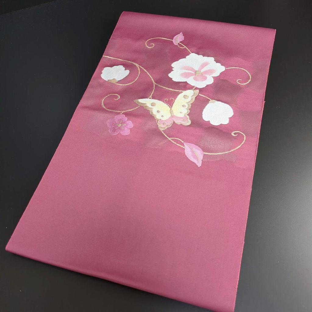 Used H-506 Nagoya Obi Nagoya Tailored Pure Silk Eight-inch Flower Arabesque Butterfly Pattern