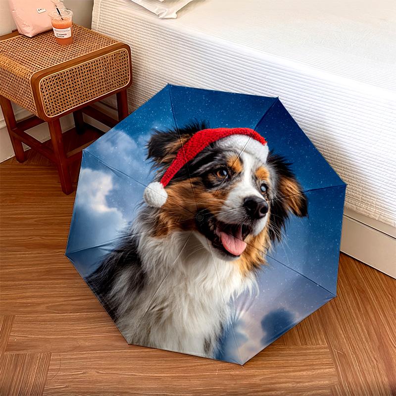 

1 шт. Автоматична складана парасолька - Візерунок Собака в шапці Санти , Портативна та складана конструкція з 8 спицями, Різдвяні подарунки на день народження