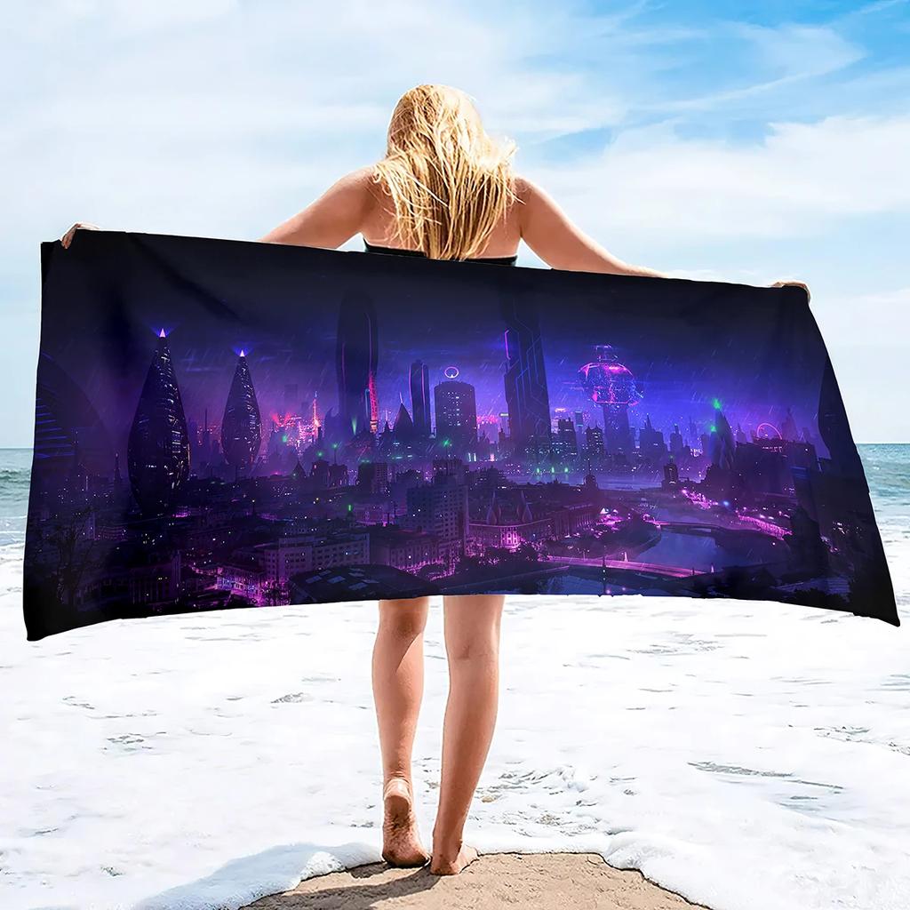 Cyber Style City Night Scene Sand Towel Beach Blanket Sand Free Microfiber Quick Drying Swimming Pool Towels Camping Towels