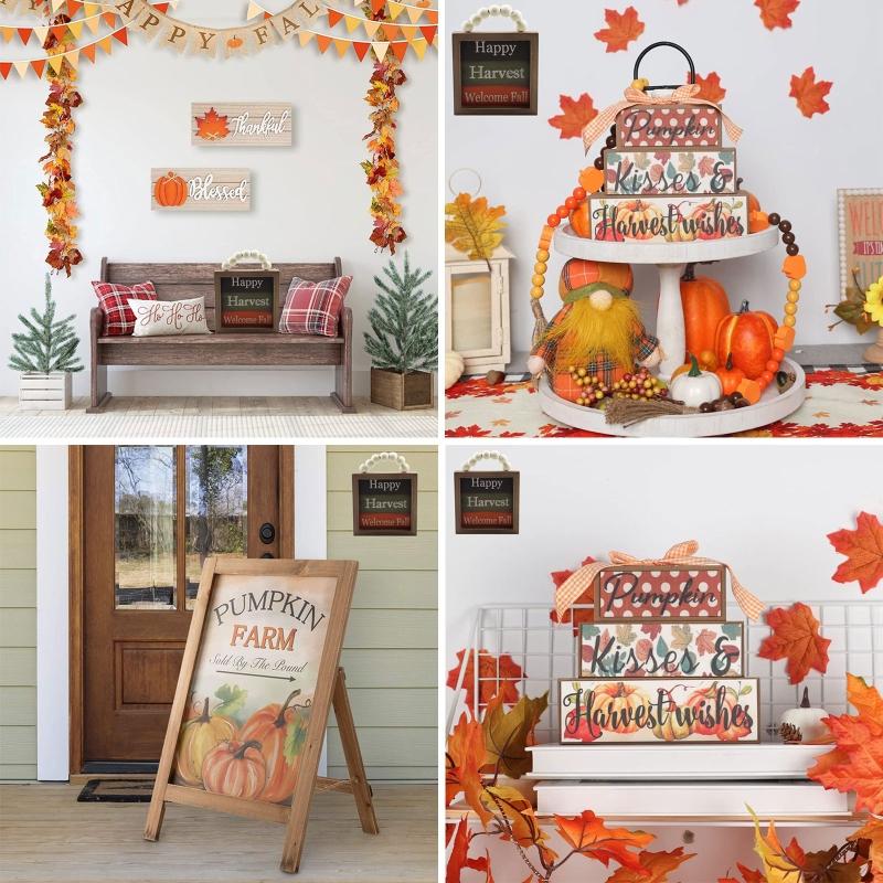 Fall Wood Front Door Hanging Sign Letter Wooden Plaque Fall Decor Autumn Plant Wood Wall Art Hanging for Farmhouse Home