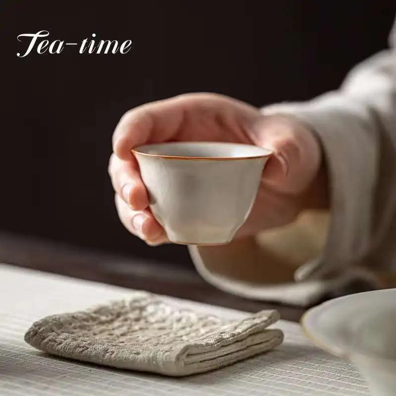 

Beige Ru Kiln Tea Cup Chinese Tea Cup Teacup Bowl Porcelain Cups Gift Jingdezhen Cute Ceramic Teaware Infusers Tool Chhai Pair