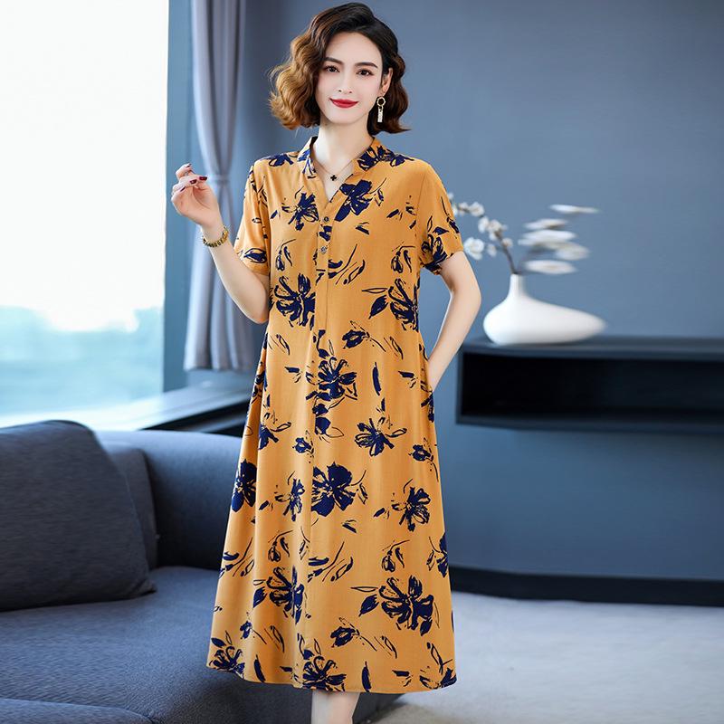 2024 Women's Floral Mid-Length Cotton Silk Slimming Plus Size Skirt Dress